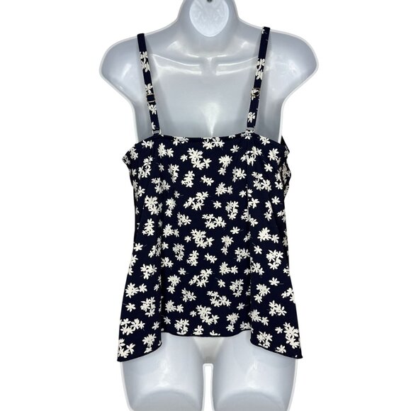 Lands' End Navy White Floral Tankini Swim Top Layered Front Adj Strap Sz M 10-12 - Picture 6 of 7